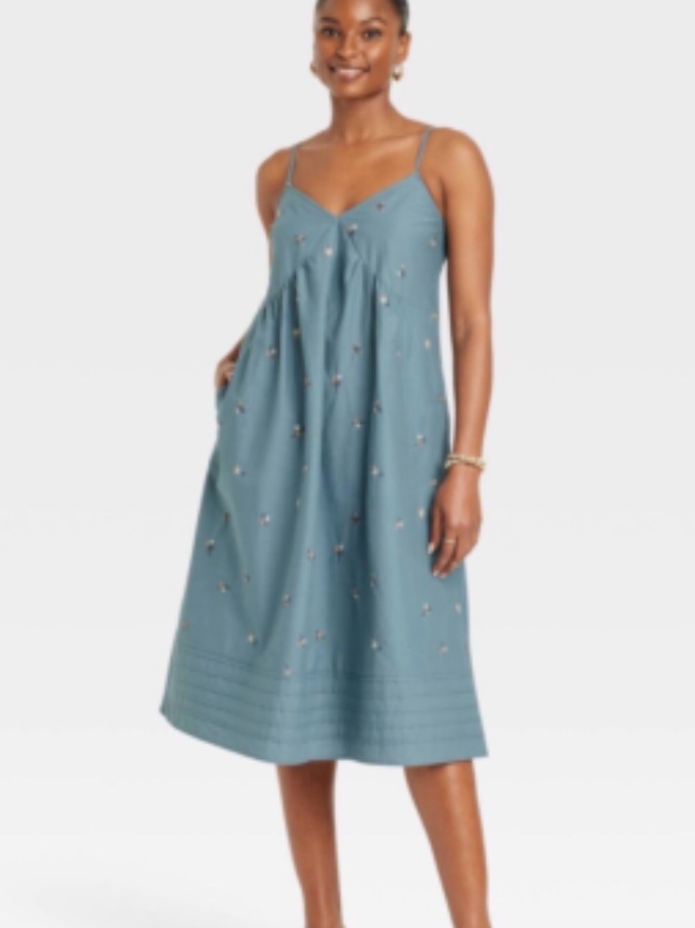 Universal Thread Blue Embroidered Floral Spaghetti Strap Midi Dress